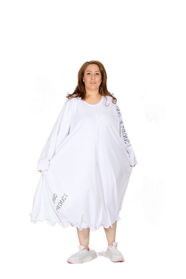 Shabby White Dress with Wide Collar, Long Sleeves, Printed, Pockets and Wire Skirt Hem - Image 4
