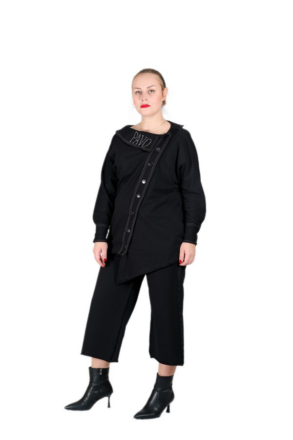 Asymmetrical Black Jacket Blouse with Collar and Seam Details, Buttoned on the Sleeves and Front - Image 4