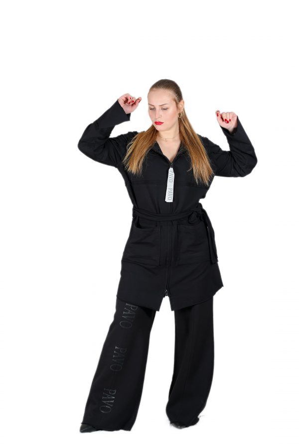 Black Jacket Cardigan with Hooded, Zipper, Belt and Pockets
