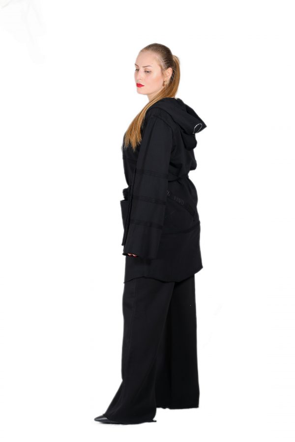 Black Jacket Cardigan with Hooded, Zipper, Belt and Pockets - Image 6