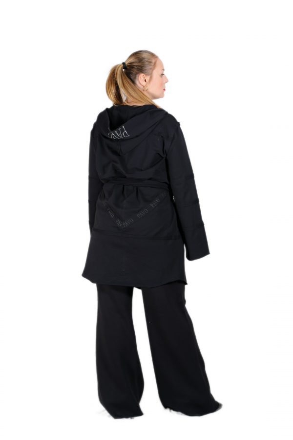 Black Jacket Cardigan with Hooded, Zipper, Belt and Pockets - Image 2