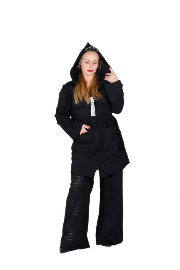 Black Jacket Cardigan with Hooded, Zipper, Belt and Pockets - Image 5