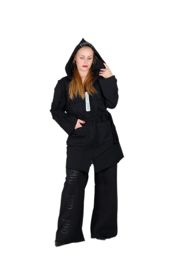 Black Jacket Cardigan with Hooded, Zipper, Belt and Pockets - Image 3