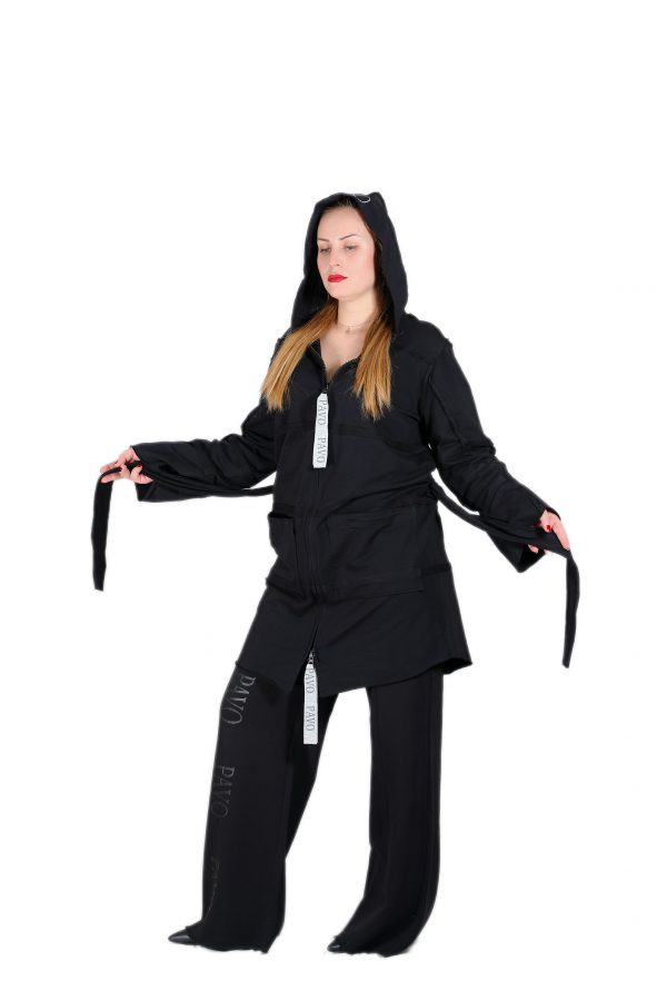 Black Jacket Cardigan with Hooded, Zipper, Belt and Pockets - Image 4