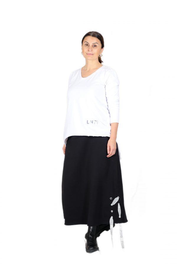 Comfortable Black Skirt with Flamboyant, Shiny Stone Brand Printed, Stripe Detailed and Pockets