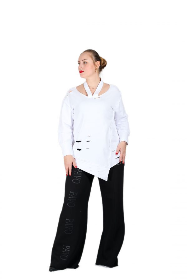 Asymmetrical White Blouse with Straps at the Neck