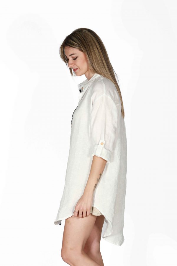 White Linen Shirt Dress with Print Detail - Image 4