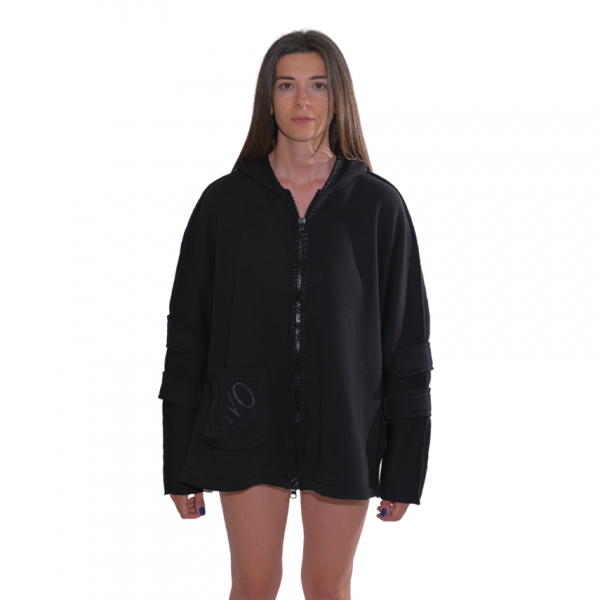 Black Oversize Sweat Cardigan with Hooded, Printed, Fleece Inside and Thick Stripe Detail on Sleeves