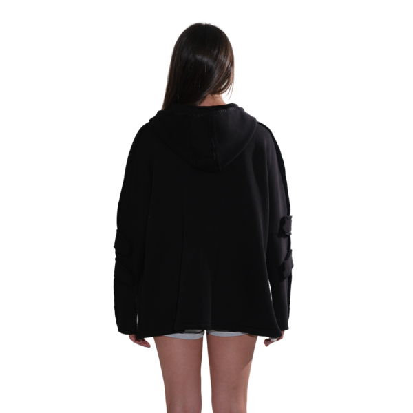 Black Oversize Sweat Cardigan with Hooded, Printed, Fleece Inside and Thick Stripe Detail on Sleeves - Image 3