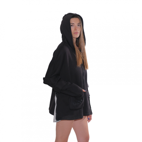 Black Oversize Sweat Cardigan with Hooded, Printed, Fleece Inside and Thick Stripe Detail on Sleeves - Image 4