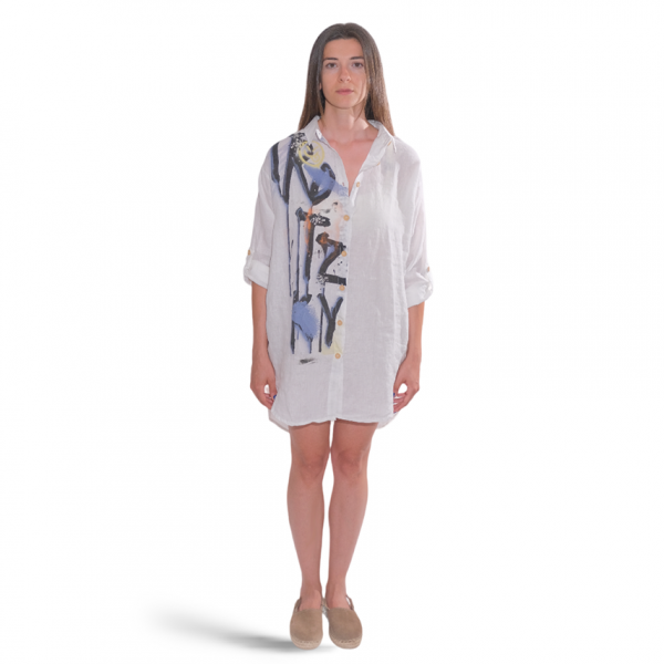 White Linen Shirt Dress with Print Detail
