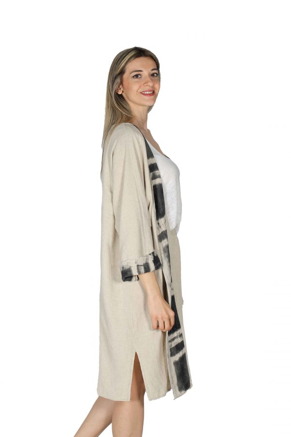 Linen Color Kimono with Print Detail