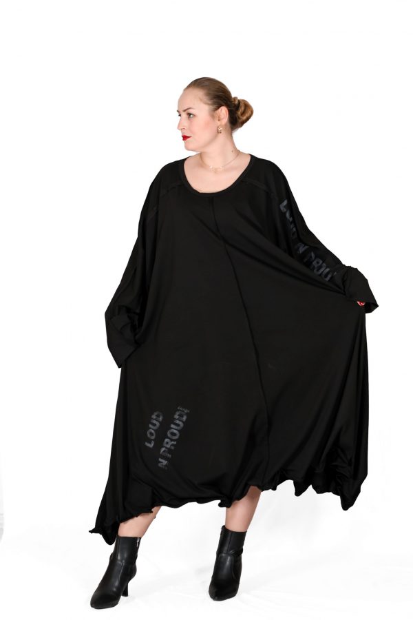 Shabby Black Dress with Wide Collar, Long Sleeves, Printed, Pockets and Wire Skirt Hem