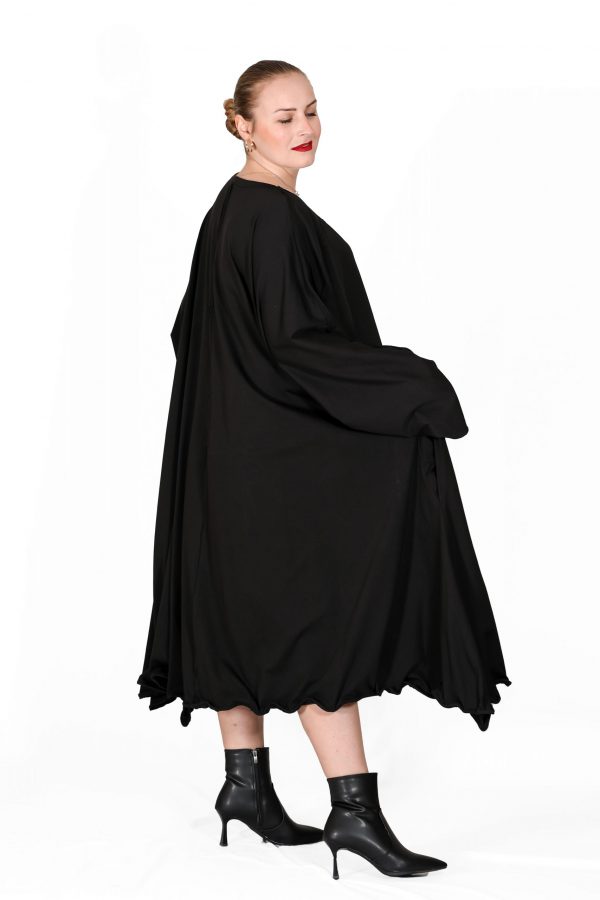 Shabby Black Dress with Wide Collar, Long Sleeves, Printed, Pockets and Wire Skirt Hem - Image 2