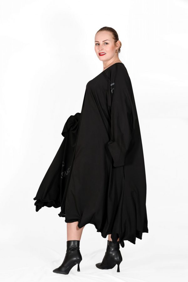 Shabby Black Dress with Wide Collar, Long Sleeves, Printed, Pockets and Wire Skirt Hem - Image 3