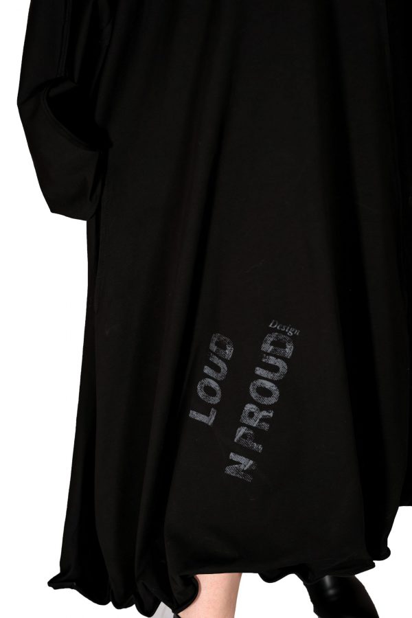 Shabby Black Dress with Wide Collar, Long Sleeves, Printed, Pockets and Wire Skirt Hem - Image 5