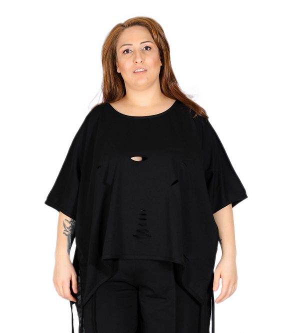 Oversize Black T-Shirt with Wide Collar, Laser Cut and Slits, Drawstring Detail