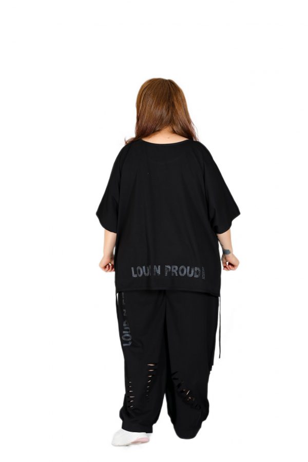 Oversize Black T-Shirt with Wide Collar, Laser Cut and Slits, Drawstring Detail - Image 2