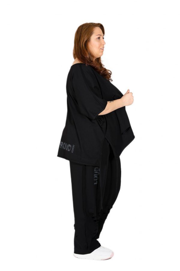 Oversize Black T-Shirt with Wide Collar, Laser Cut and Slits, Drawstring Detail - Image 3