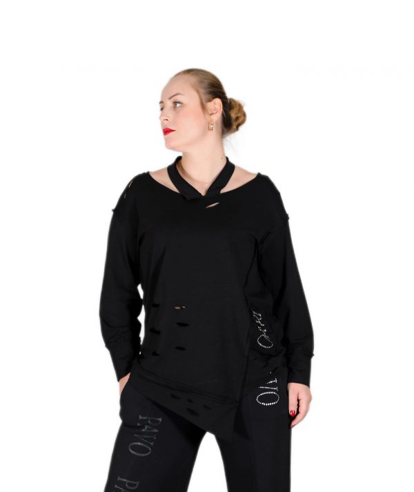 Asymmetrical Black Blouse with Straps at the Neck
