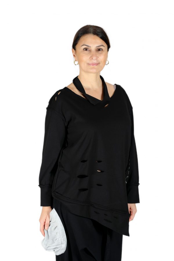 Asymmetrical Black Blouse with Straps at the Neck - Image 6