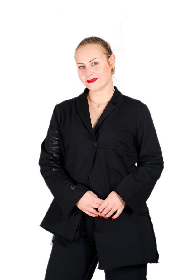 Asymmetrical Black Jacket with One Button Brand Printed on the Sleeves