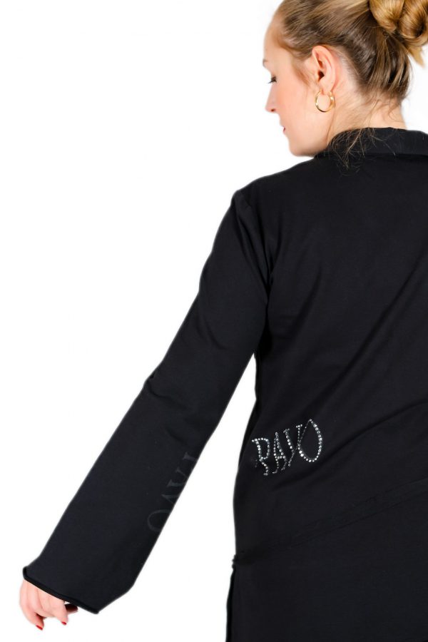 Asymmetrical Black Jacket with One Button Brand Printed on the Sleeves - Image 3