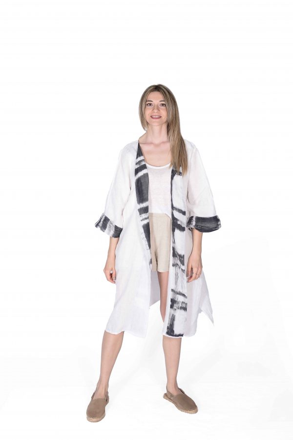 White Linen Kimono with Printed Details - Image 4